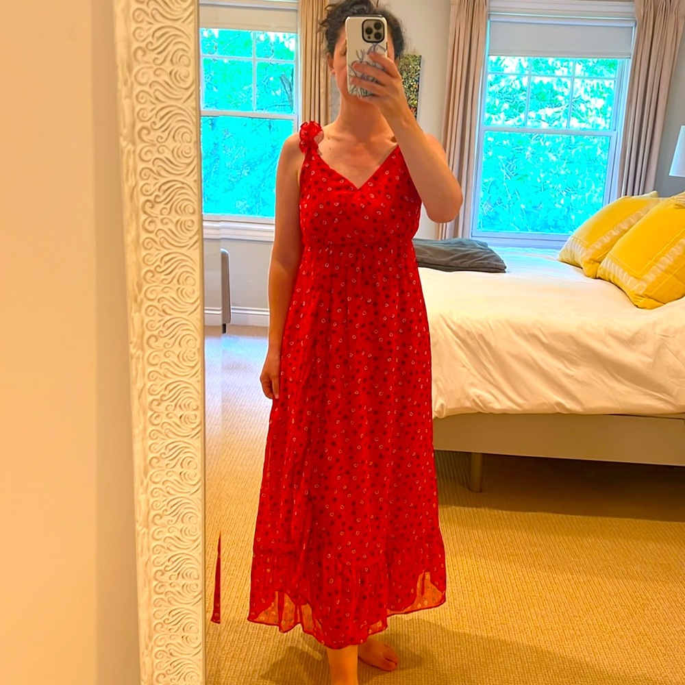 Madewell Red Floral Ruffle Strap Wrap Dress